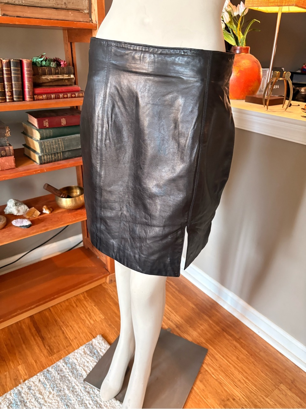 Vintage Wilsons Leather Black Leather Pencil Skirt with Front Slit